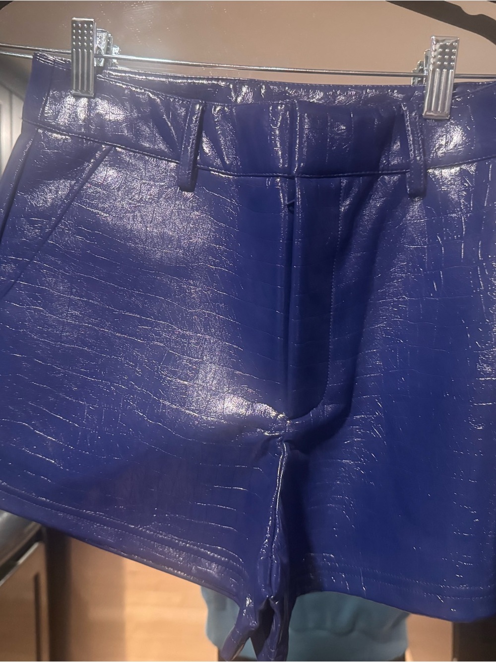 Noli Electric Blue Faux-Leather Croc-Embossed High-Waist Shorts